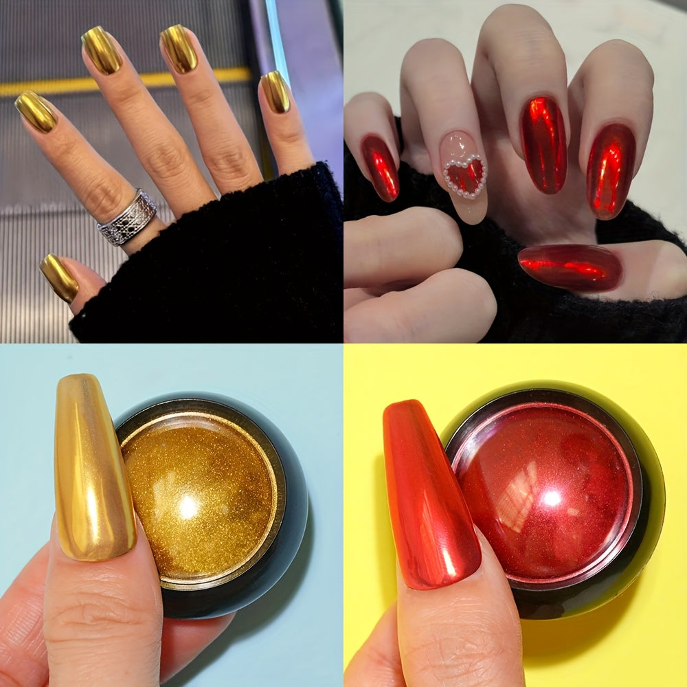 Magic Mirror Two-color Powder Dipping Set! Golden and red glitter + mirror super bright, with sponge brush, create noble high-end nail special effects, long-lasting without peeling off! One box can achieve advanced makeup eff